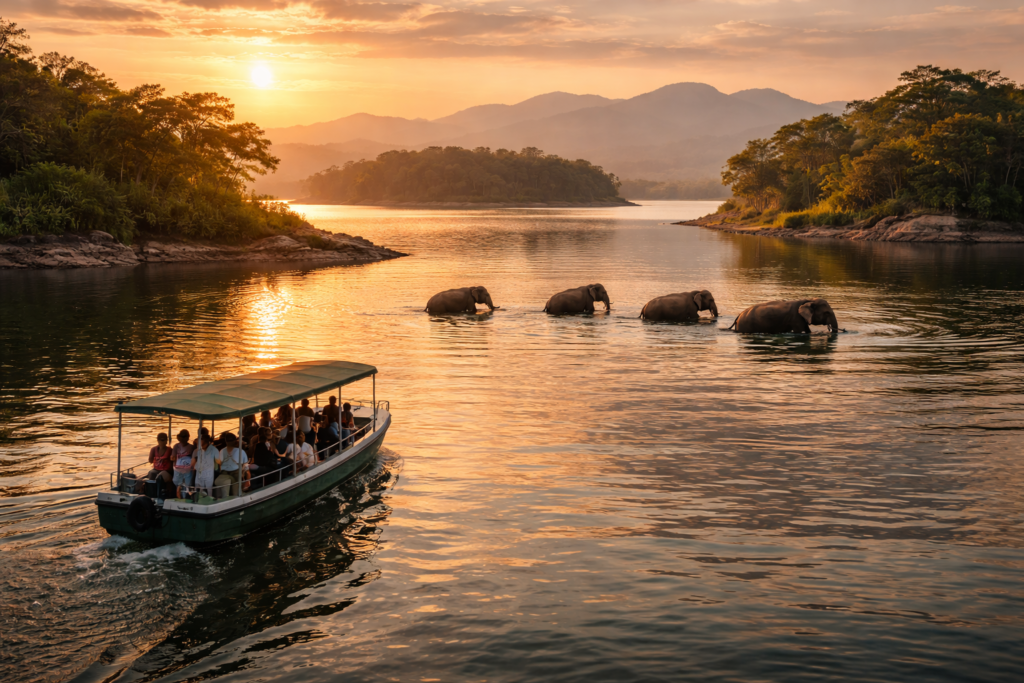 Boat safari at Gal Oya National Park with elephants swimming