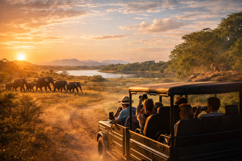 Asian elephant herd walking across open grassland near a reservoir in Udawalawe National Park during a Sri Lanka safari tour.