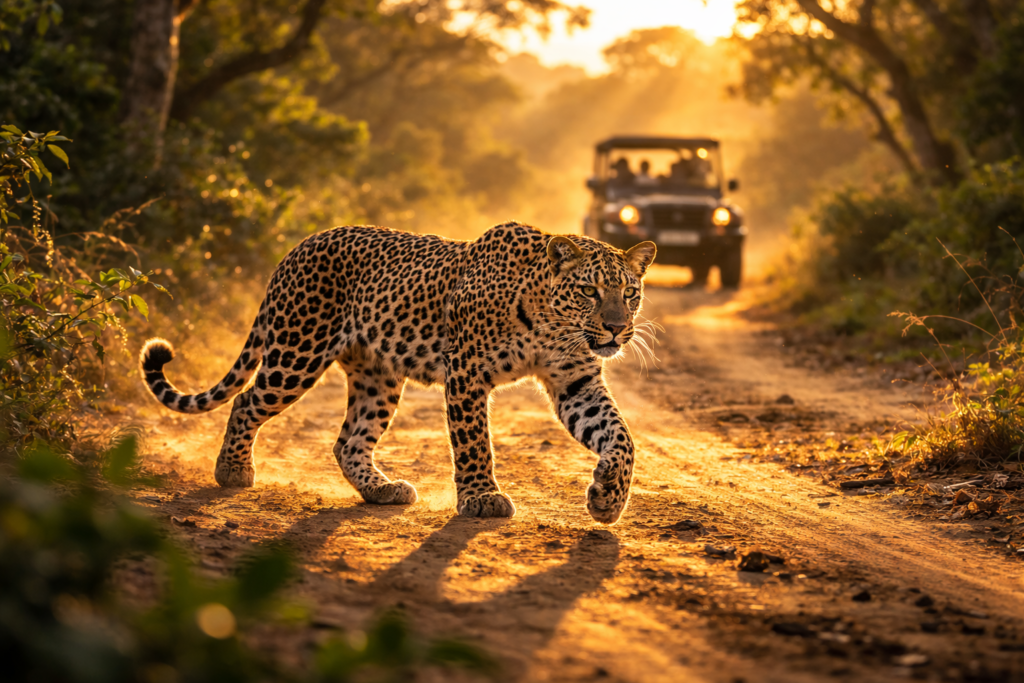 Sri Lankan leopard resting on a granite rock at sunrise inside Yala National Park, one of the top Sri Lanka safari park destinations.