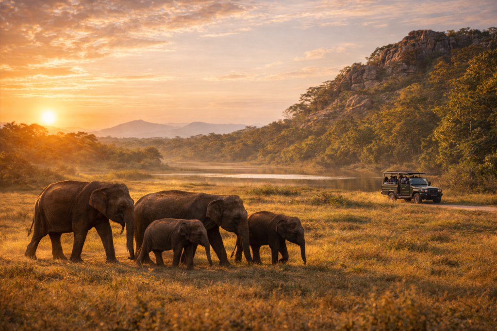 Safari jeep driving along a sandy forest road near a villu lake in Wilpattu National Park, Sri Lanka.