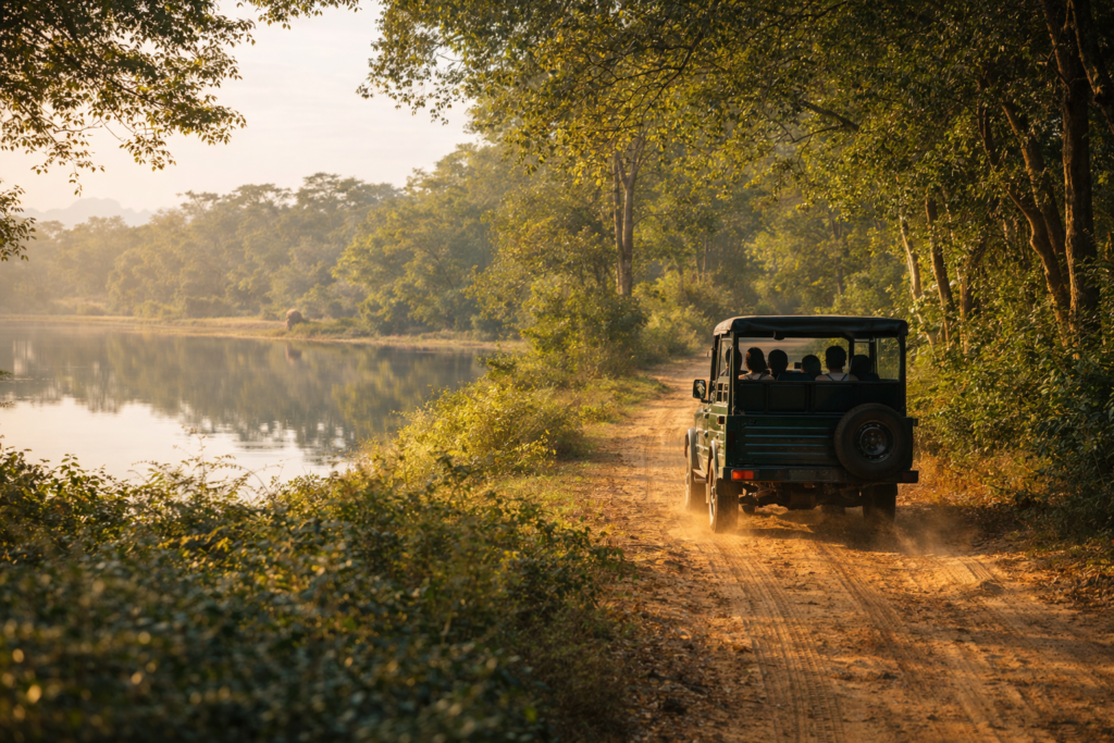 Calm villu lake reflecting sunrise sky in Wilpattu National Park with elephant silhouette near shoreline.