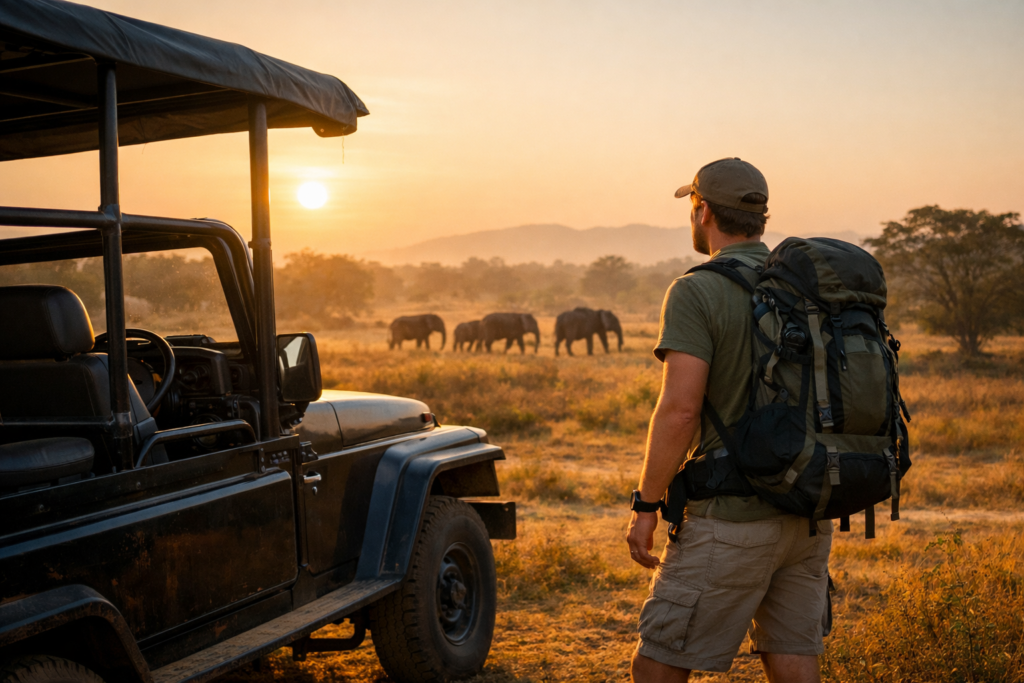 Backpacker enjoying safari Sri Lanka experience with elephants in the distance